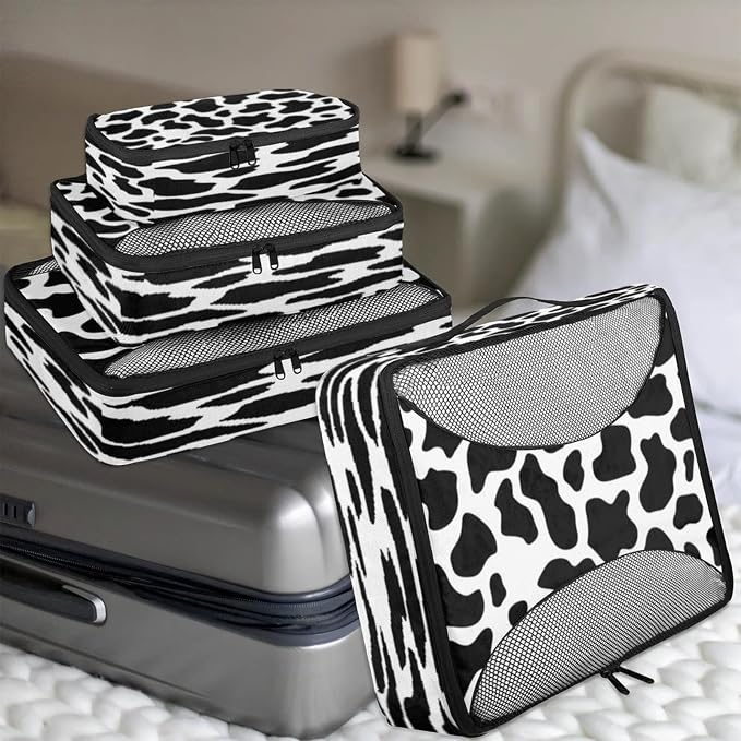 4 Set Packing Cubes for Travel, Cow Print Packing Cubes for Women, Travel Luggage Packing Organizers, Packing Cube Set, Cow Prints
