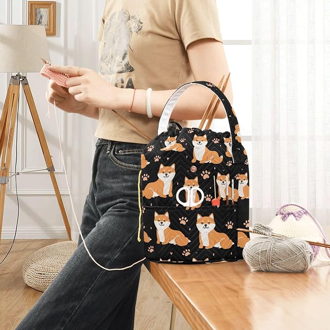 Fustylead Cute Cartoon Shiba Inu and Paw Prints Large Crochet Organizer, Durable Polyester Drawstring Basket Yarn Storage Bag for Crochet Hooks, Knitting Needles, Project and Sewing Supplies