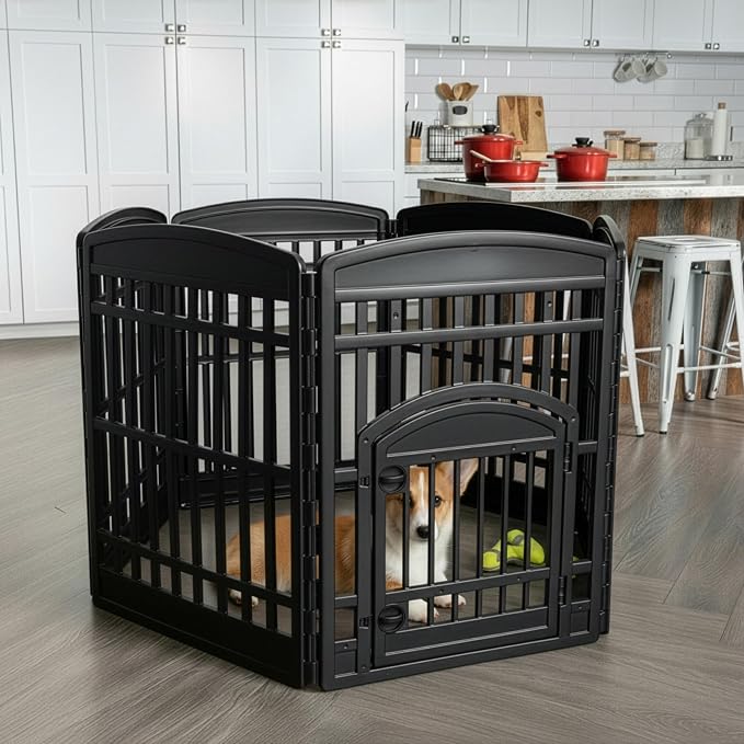 IRIS USA 6-Panel Dog Playpen, Pet Enclosure, Black | Pet Containment, Custom Pen Configuration, Flexible Boundary, Multi-Shape Setup, Tool-Free Assembly, Secure Door Latch