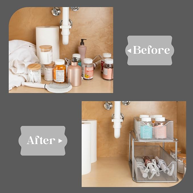 Sorbus Pull-Out Under Sink Organizer, Mesh Construction (Silver, 2 Pack) | Two-tier metal organization with strong steel and sliding drawers for bathrooms, kitchens, cabinets, closets and pantries.