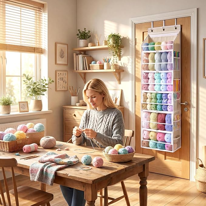 Over the Door Yarn Storage Organizer, 6-Tier Large Capacity Yarn Organizer | with Zippered Compartments & Mesh Pockets for Yarn, Needles and Crochet Hooks