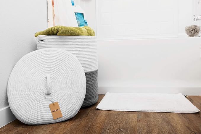 Mevyucr Large Laundry Basket with Lid, Tall Laundry Hamper with Lid, Woven Storage Basket Decorative Cotton Basket for Blankets Clothes Toys Pillows Towels Baby Nursery Bathroom Living Room Kitchen