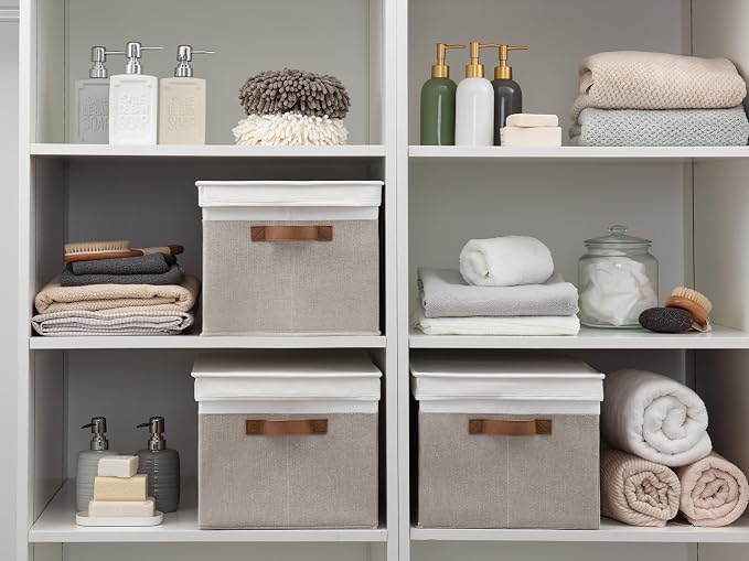 StorageWorks Fabric Storage Bins with Lids, Closet Storage Bins | Lidded Dust-proof, Easy Pull Handles, Foldable, Stackable, Ideal for Clothes Blanket Towel, Jumbo, Brown and White, 3-Pack