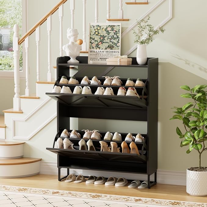 Urban Deco Shoe Cabinet with 2 Flip Drawers, Slim Shoe Storage for Entryway | Space Saving Shoe Cabinet with Flip Drawers, Shoe Storage Organizer for Entryway, Narrow Design for Small Spaces, Black