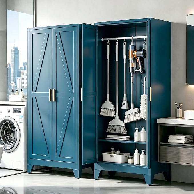 71" H Metal Storage Cabinets,Garage Cabinet,Broom Closet Storage Cabinet,Blue Storage Cabinets,Utility Cabinet