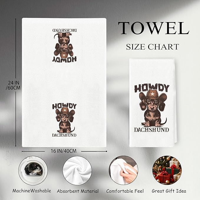 Howdy Dachshund Dish Towels - Dachshund Gifts for Women, Dachshund Decor, Dachshund Stuff, Western Dachshund Weiner Dog Microfiber Hand Towels for Bathroom Kitchen 16x24 Inch