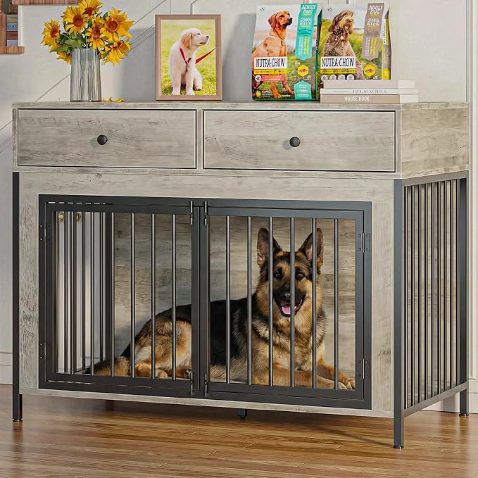 PUKAMI Large Dog Crate Furniture with 2 Drawers, 44 Inch Wooden Dog Kennel Indoor, Crate Furniture as Decorative End Table, Cage Furniture for Small Medium Large Dogs (New Grey, 1-Pack Set)