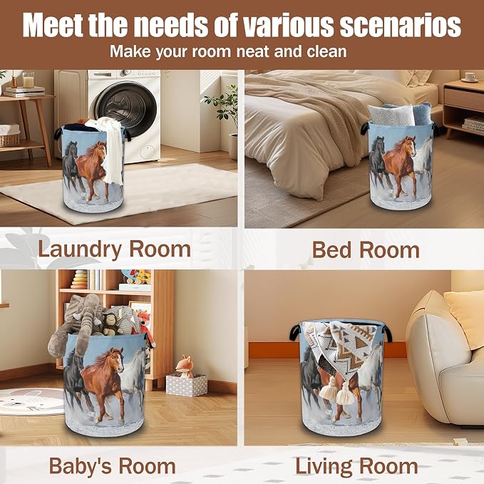 Horses Gallop Laundry Hamper,Laundry Baskets,Waterproof Oxford Cloth Toy Storage for Bedroom,Bathroom,Nursery,16x20.8 Inch