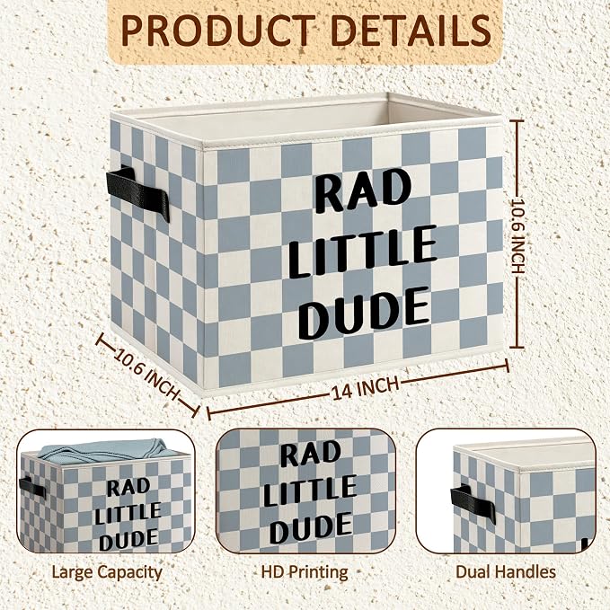 Boy Nursery Rad Little Dude Foldable Storage Bins Box with Handles, Blue and White Checkered Decorative Storage Boxes Baskets Organizer for Boys Nursery Bedroom Playroom Bathroom