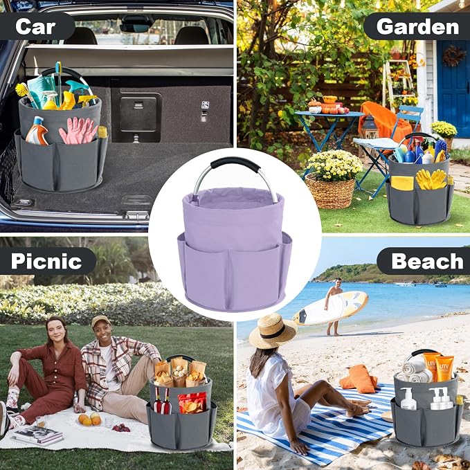Cleaning Caddy with Handle, Cleaning Products Organiser, 17L Foldable Storage Basket, Cleaning Caddy Organiser, Portable Multi Cleaning Bucket Bag for Home, Garden (Purple)