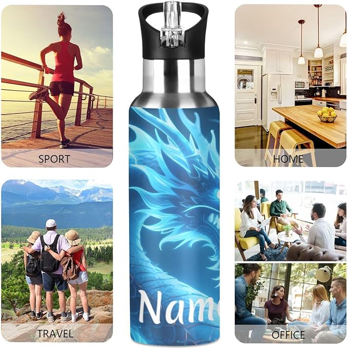 Custom Name Dragon Blue Lightning Water Bottle with Straw Lid Kids Insulated Stainless Steel Water Flask Sports, 20 Oz Hot Cold