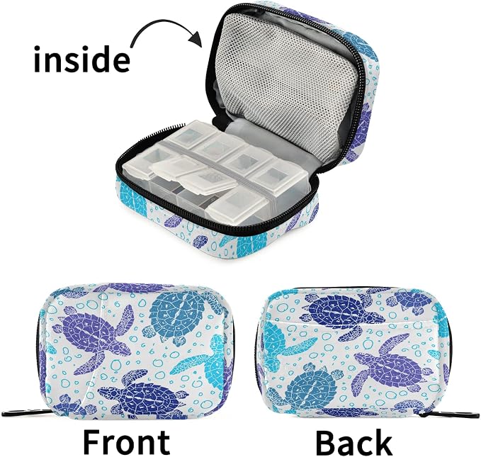 Naanle Vintage Sea Turtle Pill Box 7 Day Pill Case Travel Pill Organizer Bag with Zipper Portable Weekly Case Compact Size for Supplement Vitamin Holder