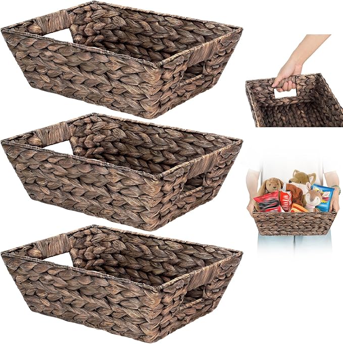 Set of 3 Snack Baskets, Water Hyacinth Basket,Wicker Snack Basket Organizer | Small Wicker Baskets with Handles, Woven Baskets for Storage (3 Medium Basket)