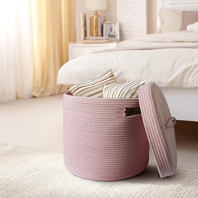 Storage Basket with Lid, Woven Blanket Storage for Living Room, Soft Cotton Rope Bin with Lid, Round Wicker Laundry Basket with Cover, Lidded Kid Dog Toy Box, Nursery Organizer, 15"x13", Pink