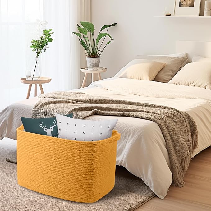Extra Large Orange Storage Basket, 23.6" x 17" x 12" Rectangle Baskets for Organizing, Blanket Toy Bin Organizer, Colorful Woven Cotton Rope Baskets for Decor