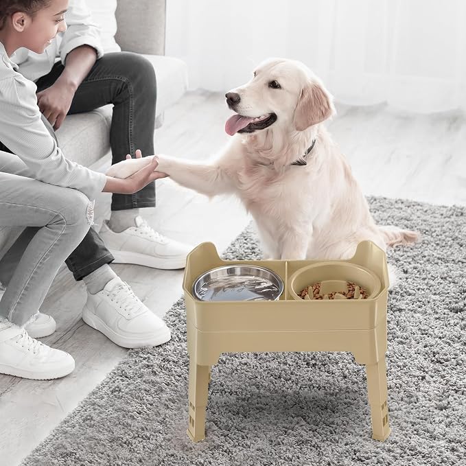 4-in-1 Elevated Dog Bowls with Adjustable Stand, Slow Feeder Licking Plate
