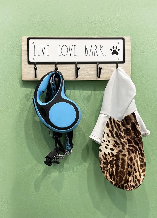 Rae Dunn Dog Leash Holder for Wall - Cute Dog Leash Hook Holder and Wall Mount Hanger Organizer for Pet Items, Keys, Collar and Leashes - Pet Themed Messages with Paw Print - Light Wood