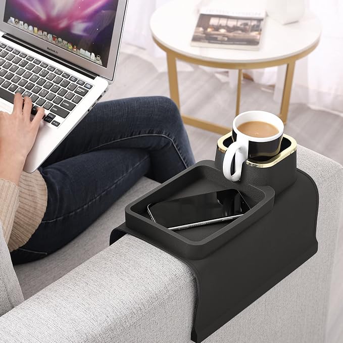 HMASYO Couch Cup Holder Tray – Weighted Silicone Sofa Armrest Organizer Table with Anti-Spill Coaster, Easy Reach for Drink, Snacks, Remote & Phone, Non-Slip Base, Easy Clean