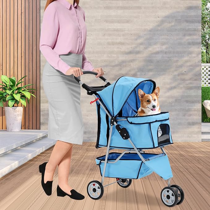 BLKMTY Folding Dog Stroller, 3 Wheels Pet Stroller, Foldable Cat Strollers Waterproof Travel Carrier Strolling Cart for Puppy Jogger with Cup Holder & Storage Basket, Blue