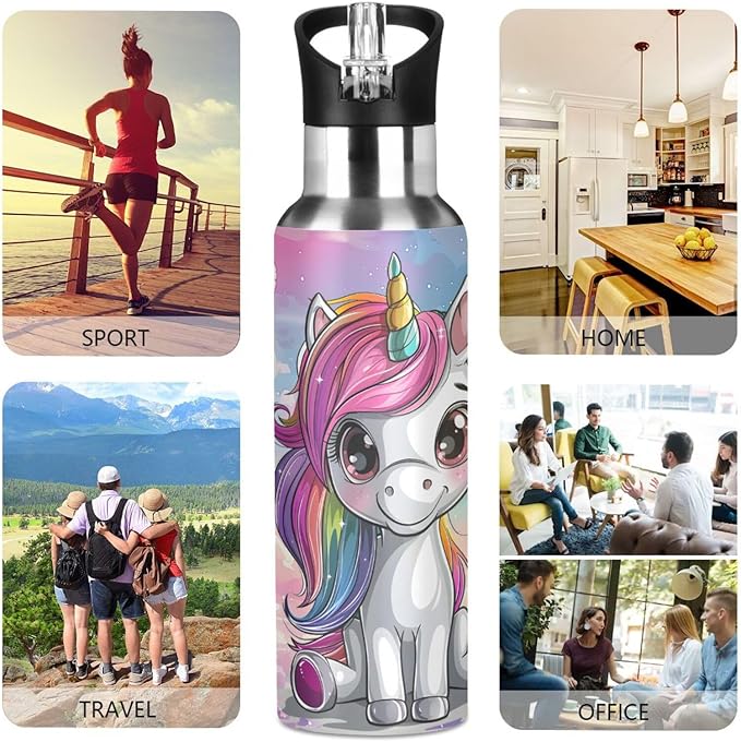 Cute Unicorn Rainbow Castle Water Bottle with Straw Lid Kids Insulated Stainless Steel Water Flask Sports, 20 Oz Hot Cold