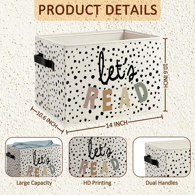 Boho Nursery Book Foldable Storage Bins Box with Handles, Let's Read Classroom Decorative Storage Boxes Baskets Toybox Organizer for Reading Nook Corner Room Home Library Kids Bedroom