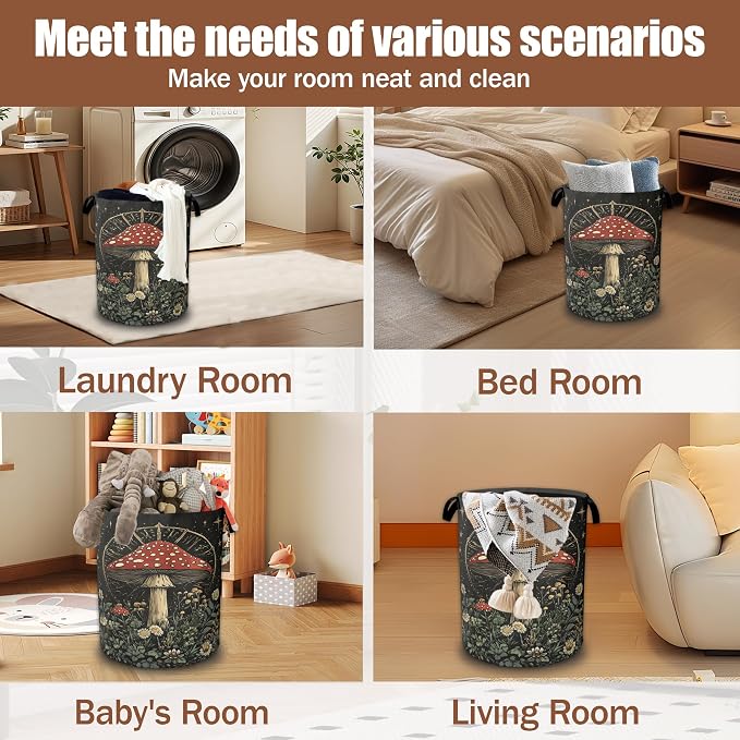 Laundry Basket Vintage Mushroom,Collapsible Waterproof Oxford Cloth with Handles,Celestial Forest Laundry Hamper Clothes Storage Bucket Toy Organizer for Bathroom/Nursery/Bedroom 16" x 20.8"