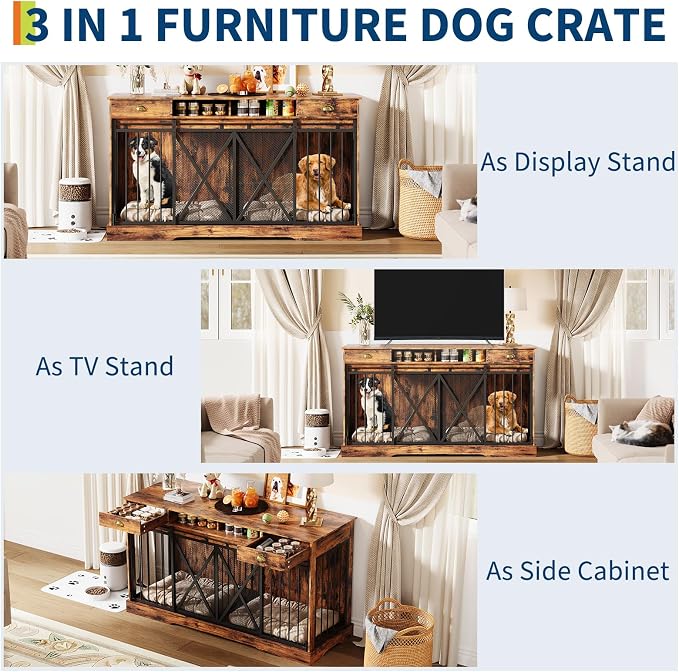 Garvee 63'' Double Dog Crate with Removable Divider | Extra Large Dog Cage Furniture with Sliding Doors & 2 Drawers, Multifunctional Indoor Pet House TV Stand for 2 Pets