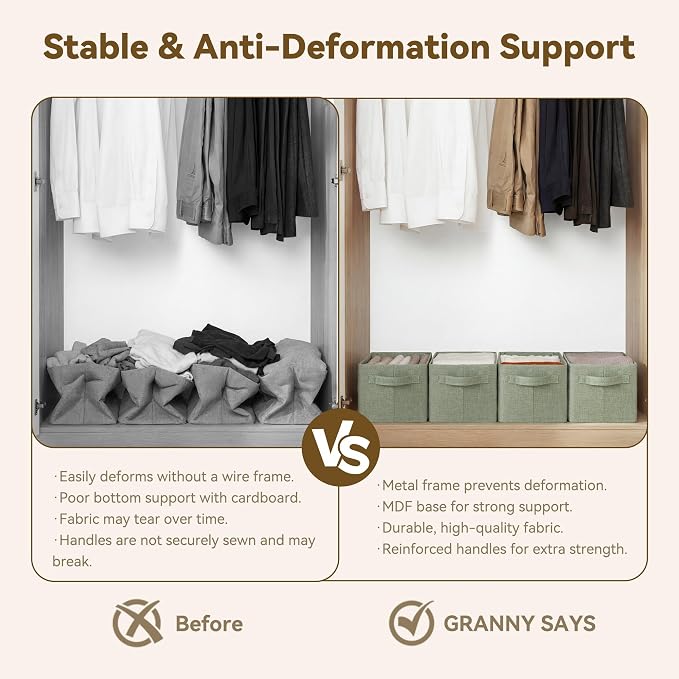 GRANNY SAYS Fabric Storage Bins, Closet Organizers, Sage Green, 2-Pack | With Metal Frame, Foldable, Sturdy Handles, Basket for Closet, Shelf, Bedroom, Holds Blankets, Clothes, 13"x8.5"x7"