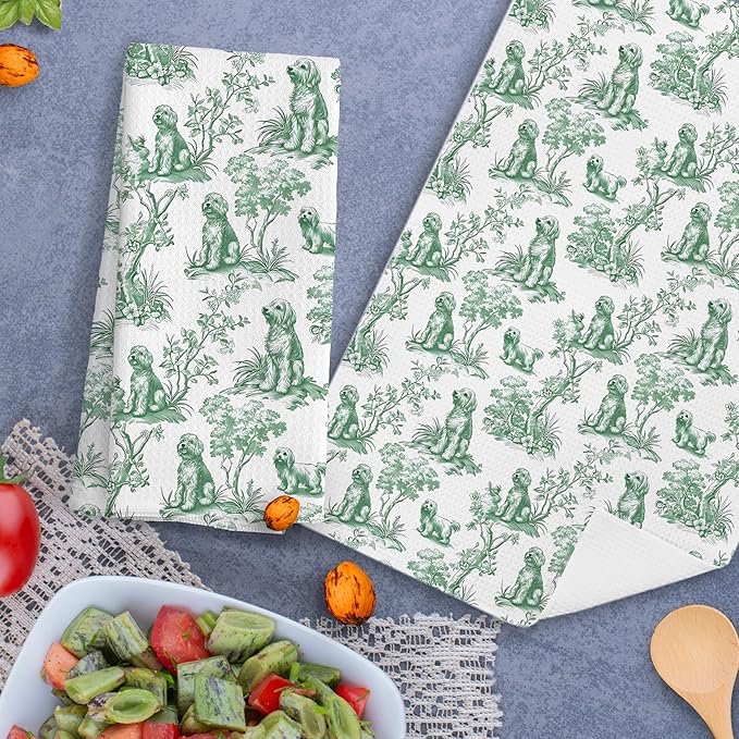 Chinoiserie Golden Doodle Kitchen Towels Set of 2,Golden Doodle Gifts Hand Towels for Kitchen Bathroom Decor, Sage Green Botanical Grandmillennial Dog Decorative Dish Tea Towels, 16x24 Inch