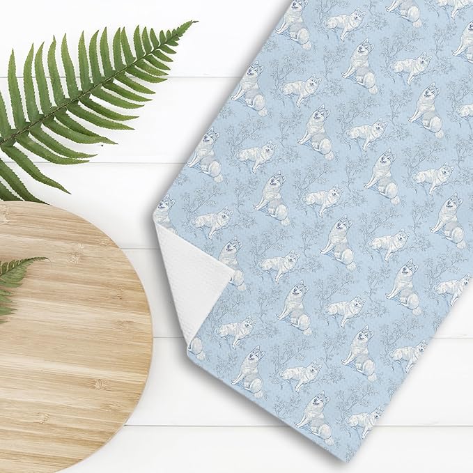 Siberian Husky Dog Gifts for Light Blue Chinoiserie Floral Decor Kitchen Towels,Blue and White Husky Dog Grandmillennial Decorative Dish Tea Towels for Kitchen Bathroom,16x24 Inch