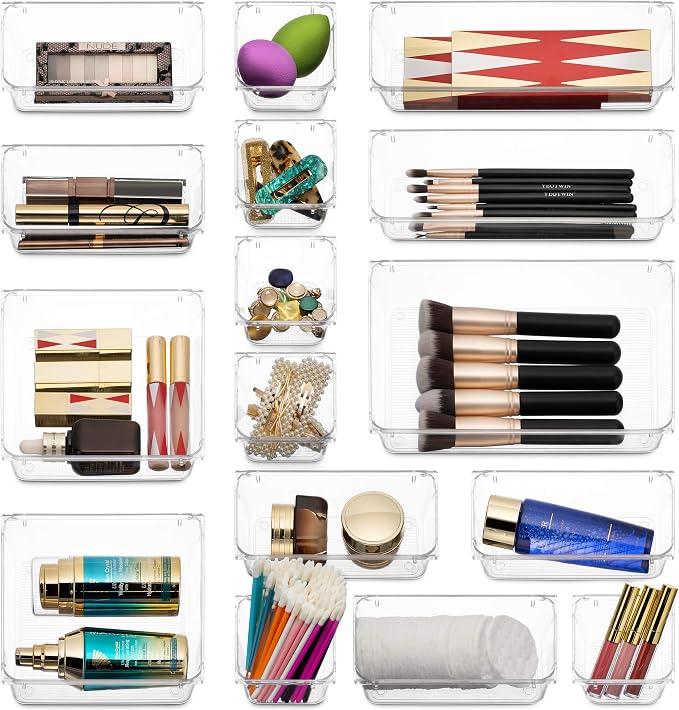 Seseno 25 PCS Clear Plastic Drawer Organizers Set, 4-Size Versatile Bathroom and Vanity Drawer Organizer Trays, Storage Bins for Makeup, Bedroom, Kitchen Gadgets Utensils and Office Accessories
