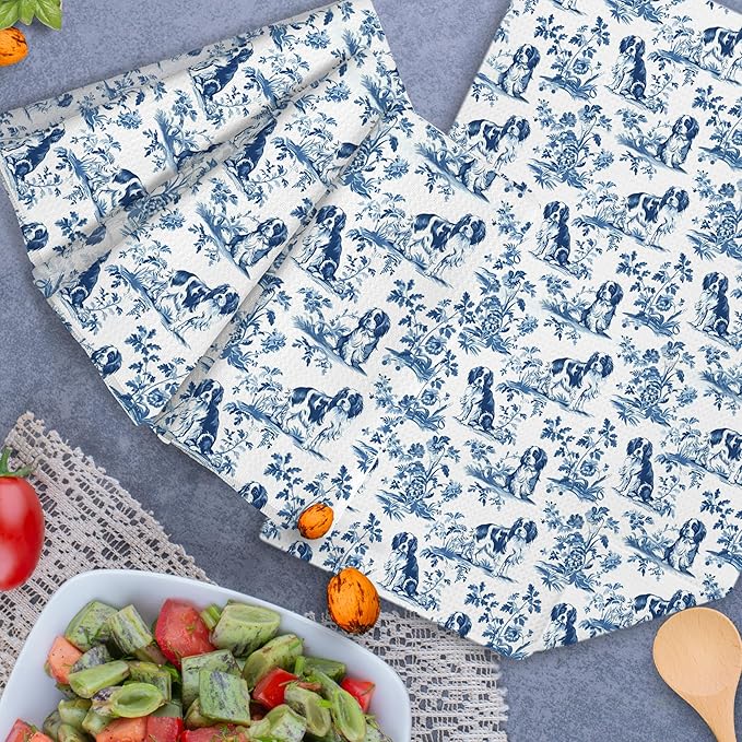 Chinoiserie Cavalier King Charles Spaniel Kitchen Towels Set of 4,Blue and White Floral Cavalier Spaniel Decorative Dish Tea Towels,Grandmillennial Dog Hand Towels for Kitchen Bathroom,16x24Inch