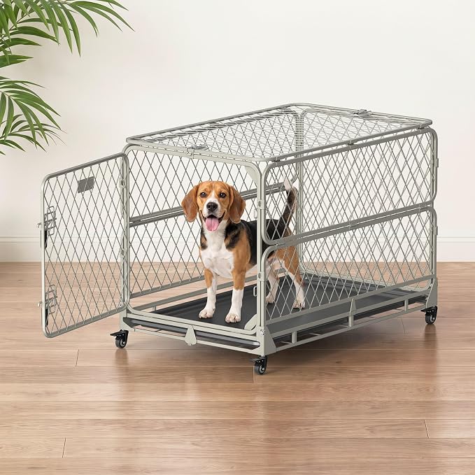 36 Inch Collapsible Dog Crate for Medium Dogs, Foldable Metal Dog Kennel with Reinforced Diamond Wire Mesh, Escape Proof Foldable Dog Cage, Leak-Proof Removable Tray, Double Secure Door Latch