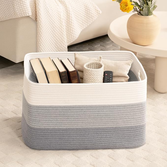 86L Large Woven Laundry Basket Hamper with Handles, Gradient Grey | collapsible wicker hamper, storage for dirty clothes, toys, blankets, gifts, living room, bedroom, bathroom, 24"x16"x14"