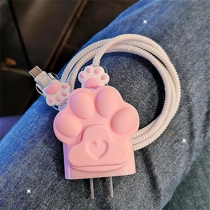 DIY Charger Cover for iPhone Cord Protector with Cat Paw Design,Soft Girly Kawaii Cat Claw Charging iPhone Charger Protector iPad Charger Protector Cute Cable Saver for iPhone 18W/20W Charger-Pink