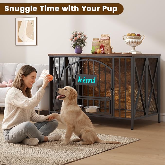 BOINN 41.3" Dog Crate Furniture Foldable, No Assembly Decorative Dog Kennel Indoor, Wooden Dog Crates with 360° Rotating Bowls and Name Tag, Rustic End Table for Medium/Large Dogs