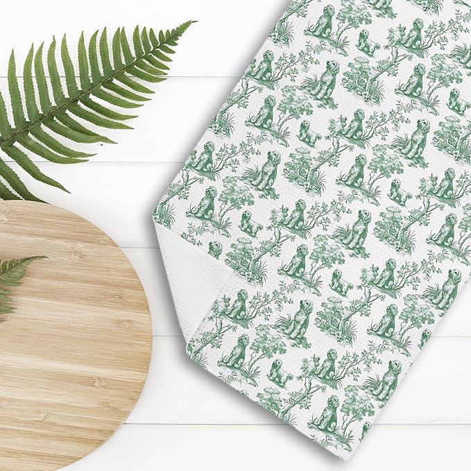 Chinoiserie Golden Doodle Kitchen Towels, Golden Doodle Gifts Hand Towels for Kitchen Bathroom Decor, Sage Green Botanical Grandmillennial Dog Decorative Dish Tea Towels, 16x24 Inch