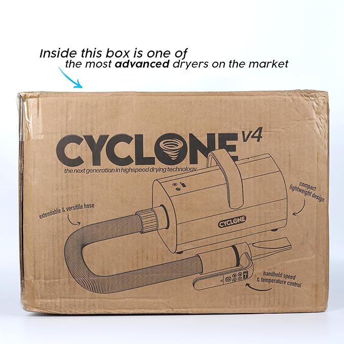 CYCLONE v4® Professional Dog Hair Blow Dryer for Large Dogs | 1800W High Velocity Force Dryer with Quiet Motor | Adjustable Heat & Speed | Pet Grooming Blaster Kit with 4 Nozzles