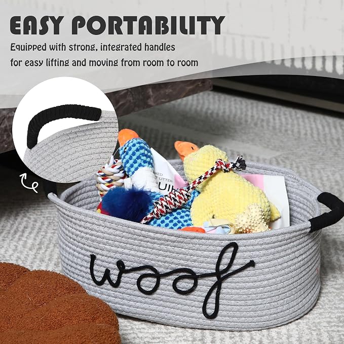 Sea Team Dog Toy Storage Basket with Handles, Gray Woof | Large Cotton Rope Storage Bin, Shelf Basket, Organizer for Pet Chew Toys, Foods, 16.5 x 11 x 7 Inches, 4.4 Gallons