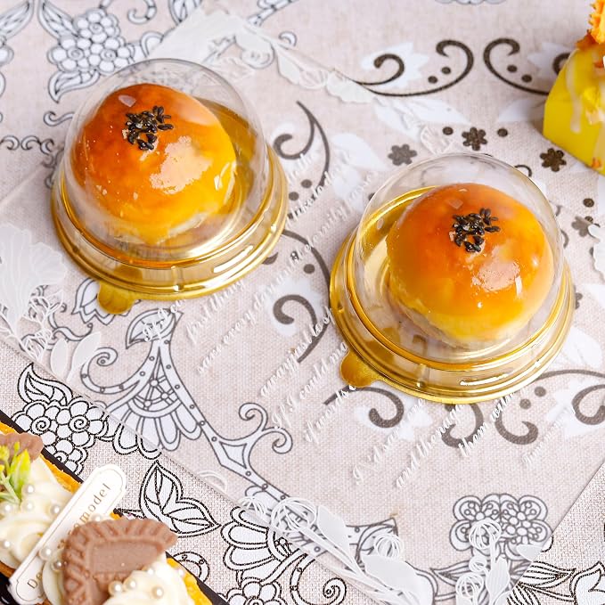 NPLUX 50 Pack Gold Mini Individual Cupcake Containers with Clear Lids | 50 clear PET Cupcake Boxes,2.8x2 IN,Desk Pet,Mini Cupcake Holder,for Mooncakes, Wedding Favors, and Elegant Dessert Displays