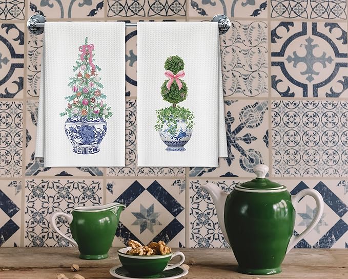Kitchen Towels Set of 2, Blue and White Porcelain Chinoiserie Dish Towel for Kitchen Bathroom, Pink Bow Decorative Hand Towels, Housewarming for Women Mom Hostess -10