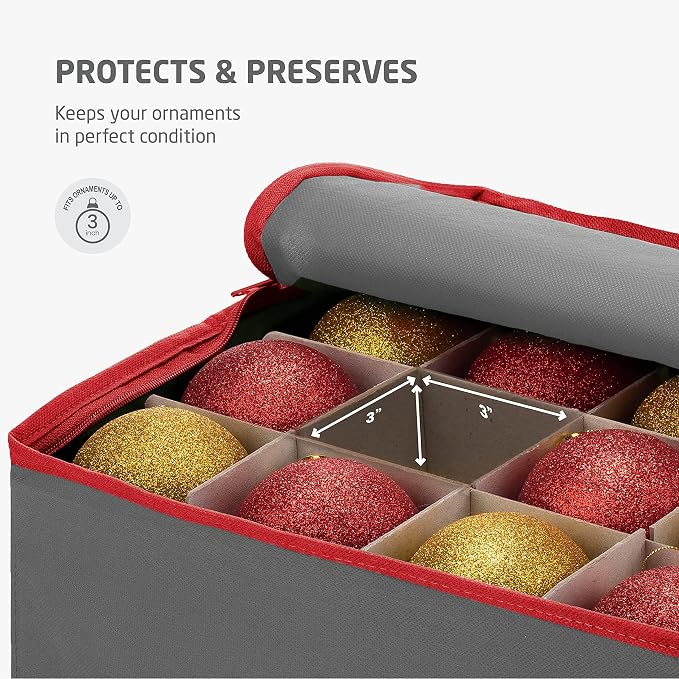 ZOBER Large Christmas Ornament Storage Box - Stores 128 3" Ornaments, With Dividers - Ornament Organizer Storage Box, Durable Christmas Containers Holder - Extra Pockets, Dual Zipper - Gray