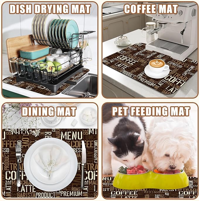 Vintage Coffee Cup Coffee Mat Absorbent Dish Drying Mat for Kitchen Counter Hide Stain Rubber Backed Drying Rack Pad Fit Under Espresso Machine Cafe Table Decoration, 11.8 x 19.7 Inch