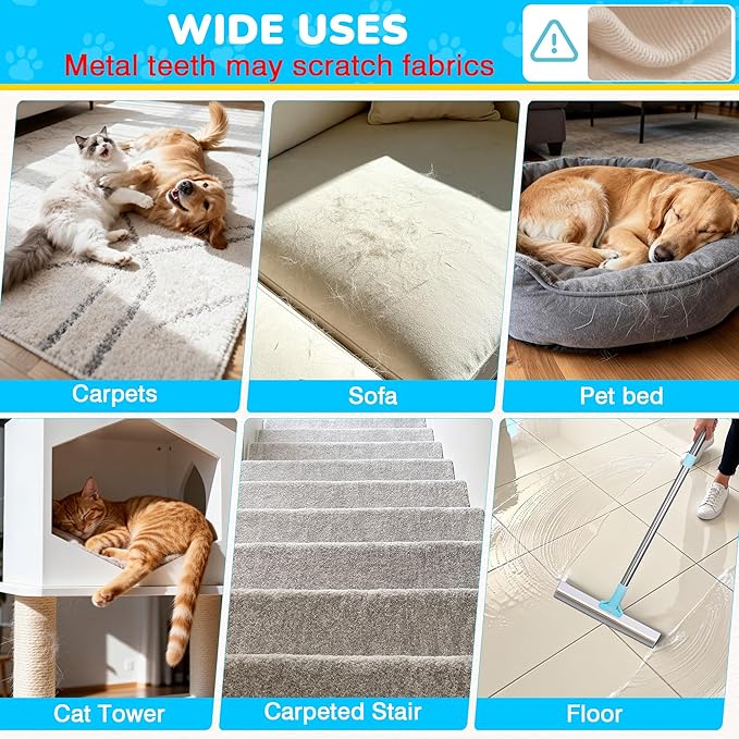 vorona Carpet Rake for Pet Hair Removal, 3 in 1 Pet Hair Removal Broom Tool with 54" Adjustable Long Handle, Reusable Dog & Cat Carpet Scraper,Pet Hair Remover for Rugs, Mats, Curtains, Couch