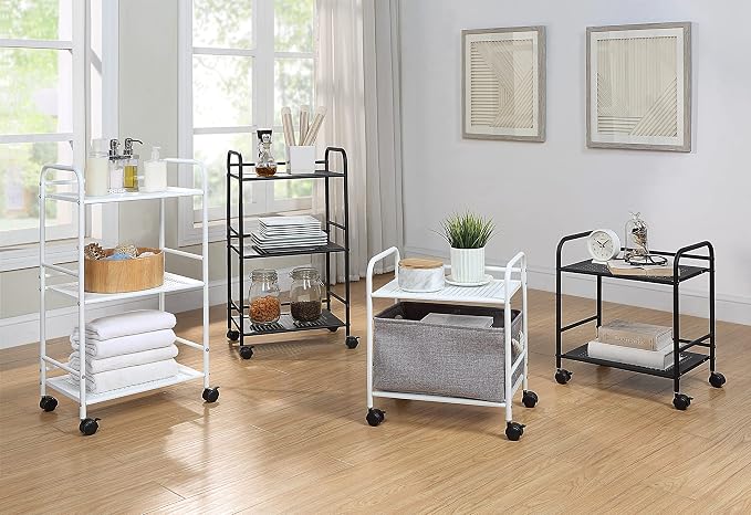 SunnyPoint 3-Tier Rolling Utility Cart – Metal Storage Organizer with Wheels, Mobile Kitchen Cart, Office & Home Organizer, Black, 12" D x 16.92" W x 31.1" H