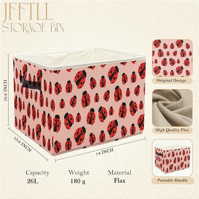 Ladybug Storage Bins with Handles, Ladybug Gifts for Women Men, Cute Ladybird Insect Collapsible Laundry Basket Storage Box for Home Bedroom Bathroom Clothes Toys Books -Pink