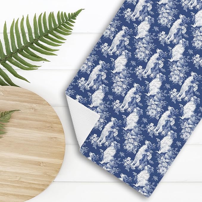 Chinoiserie Border Collie Kitchen Towels,Blue and White Floral Border Collie Decorative Dish Tea Towels,Grandmillennial Dog Hand Towels for Kitchen Bathroom, Border Collie Gifts,16x24 Inch