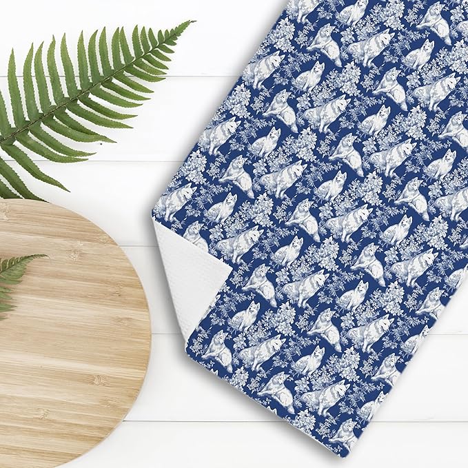 Siberian Husky Dog Gifts for Blue Chinoiserie Floral Decor Kitchen Towels,Blue and White Grandmillennial Husky Dog Decorative Dish Tea Towels for Bathroom,16x24 Inch
