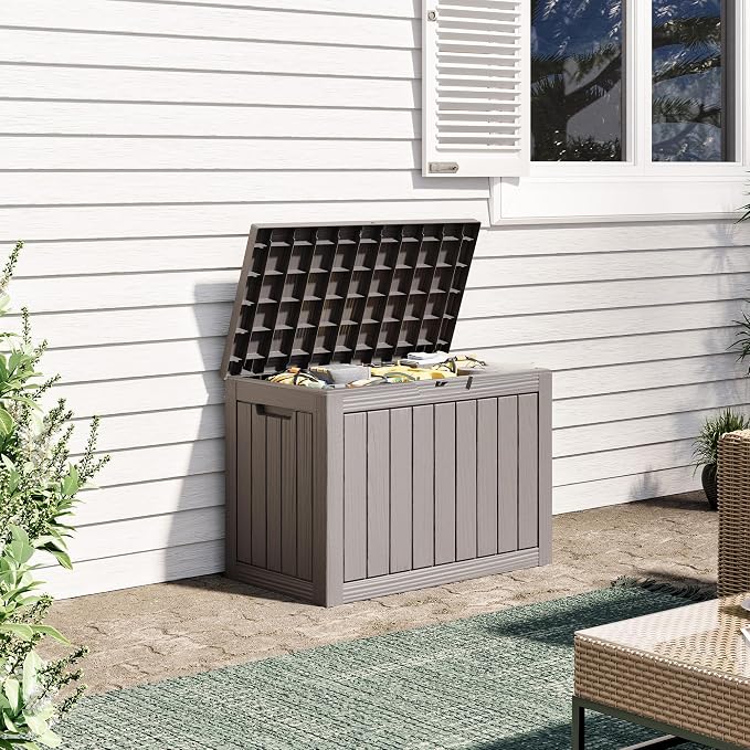 55 Gallon Outdoor Storage Box, All-Weather Resin Deck Box Outdoor Waterproof with Lockable Lid for Patio Cushions, Package Deliveries, Garden Tools, Pool Supplies, Grey