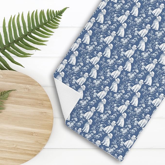 Blue Chinoiserie Poodle Decor Kitchen Towels, Blue and White Botanical Grandmillennial Dog Decorative Dish Tea Towels,Poodle Gifts for Kitchen Bathroom Decor, 16x24 Inch